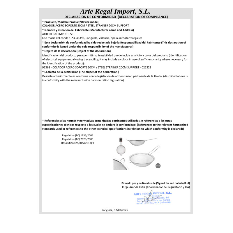 COLADOR ACERO SOPORTE 20CM