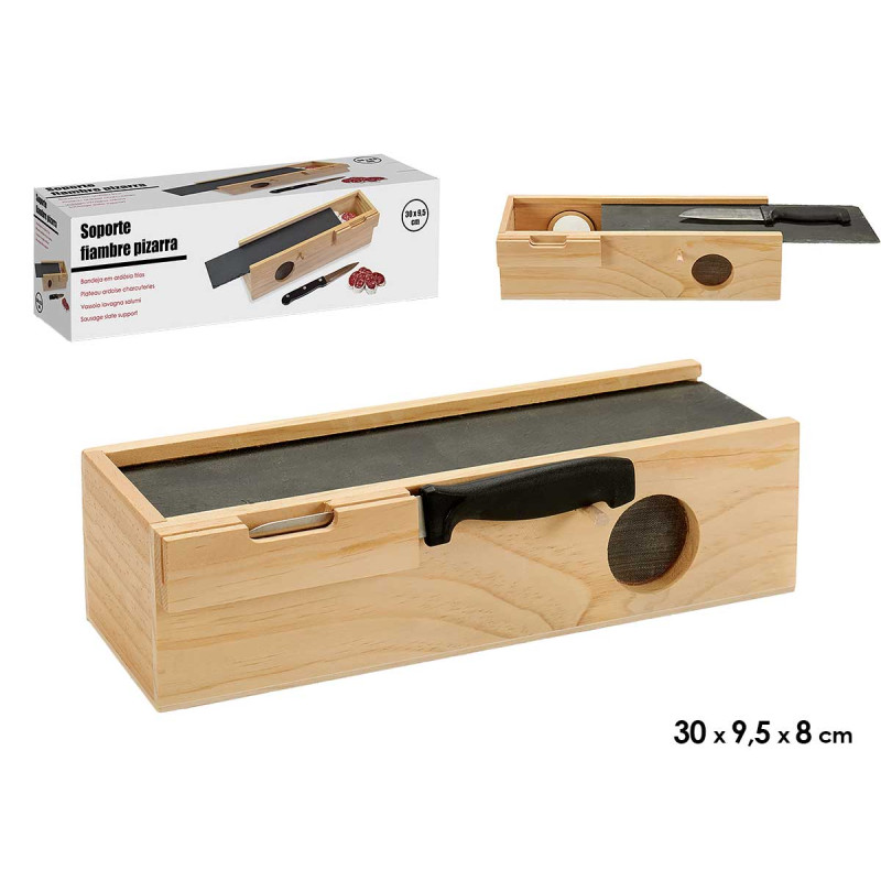 CAJA MADERA FIAMBRES PIZARRA Y CUCHILLO