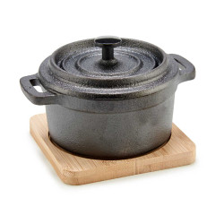 SMALL ROUND CAST IRON POT W/BAMBOO TRAY