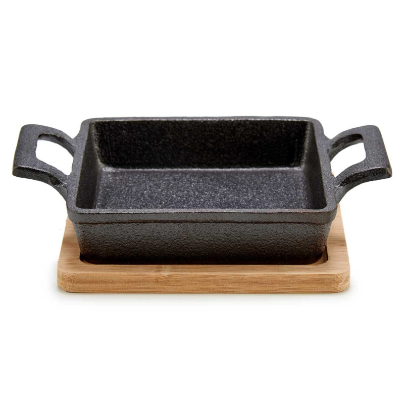 SMALL SQUARE CAST IRON PAN W/BAMBOO TRAY