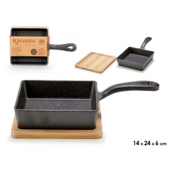 SMALL SQUARE CAST IRON PAN W/BAMBOO TRAY