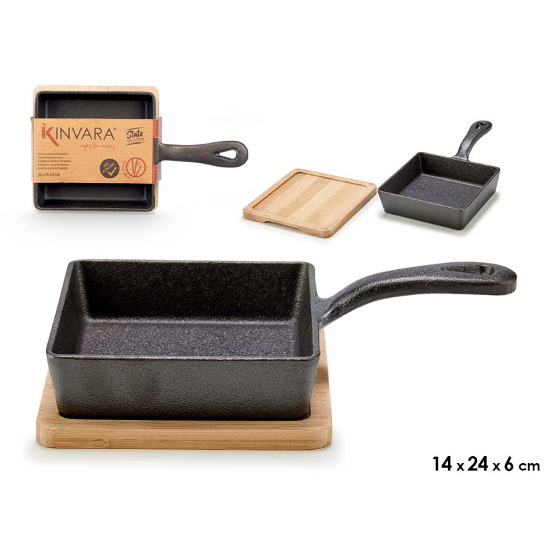 SMALL SQUARE CAST IRON PAN W/BAMBOO TRAY