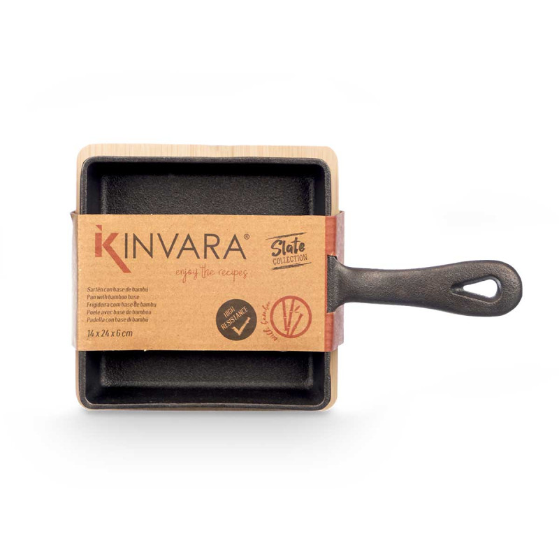 SMALL SQUARE CAST IRON PAN W/BAMBOO TRAY