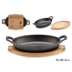 SMALL OVAL CAST IRON PAN W/ BAMBOO TRAY