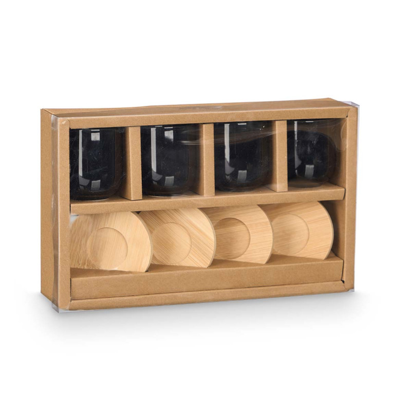 CONJ 4 COPOS CAFE CERÂMICA PRETA COM BASES BAMBU