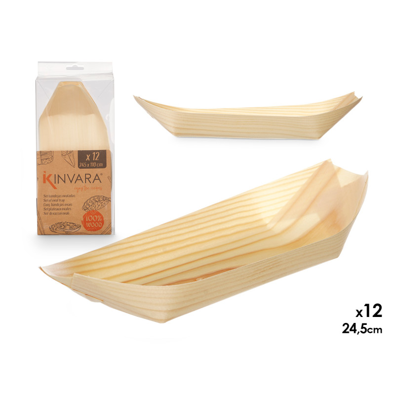 SET 12 WOODEN OVAL TRAYS LARGE