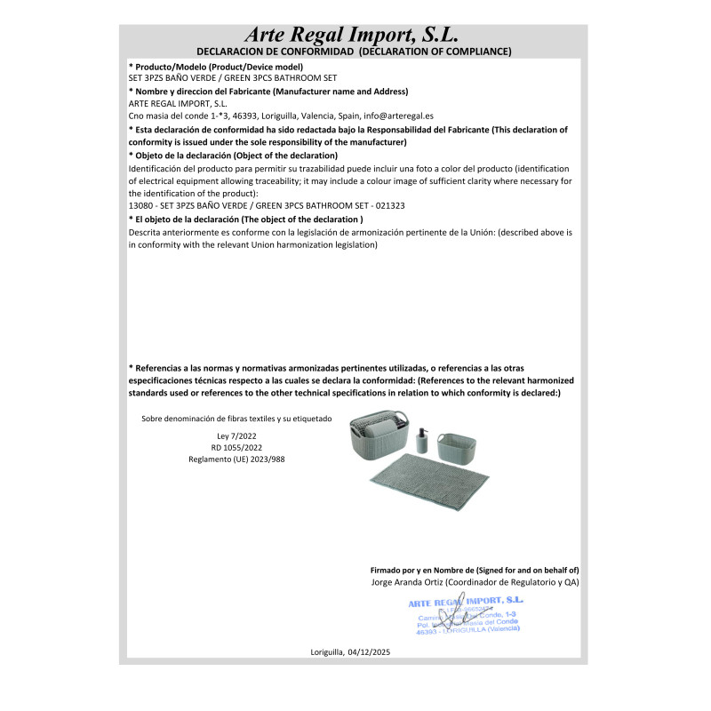 SET DA BAGNO VERDE 3 PEZZI 