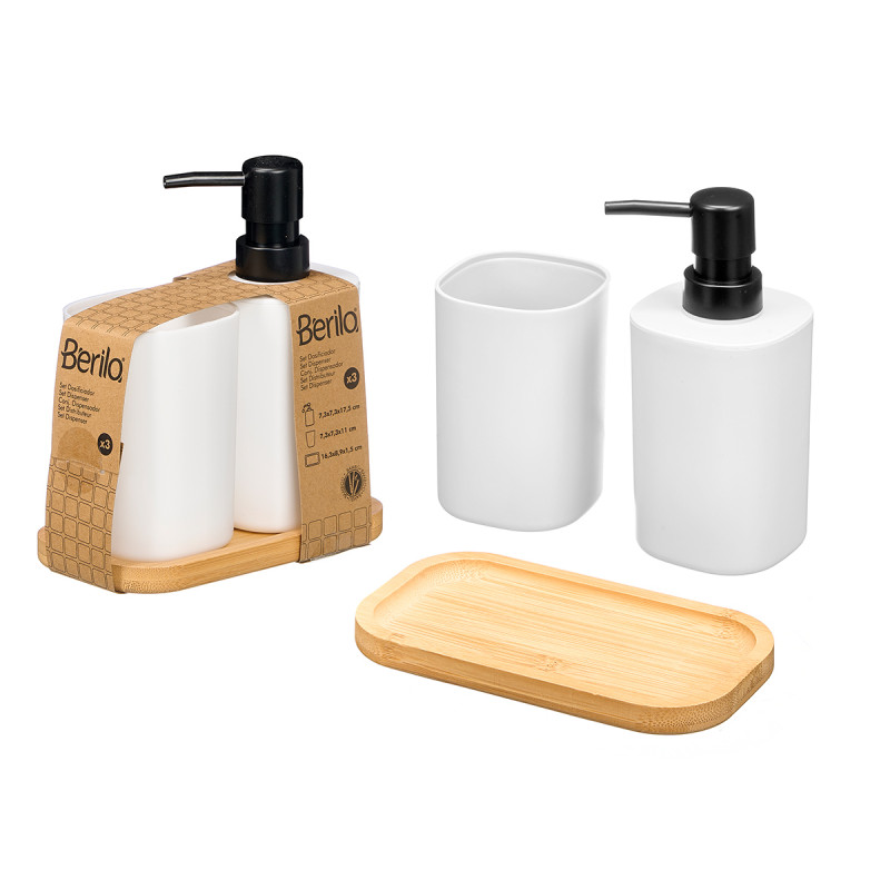 SET DISPENSER BICCHIERE BASE BAMBU BIANCO