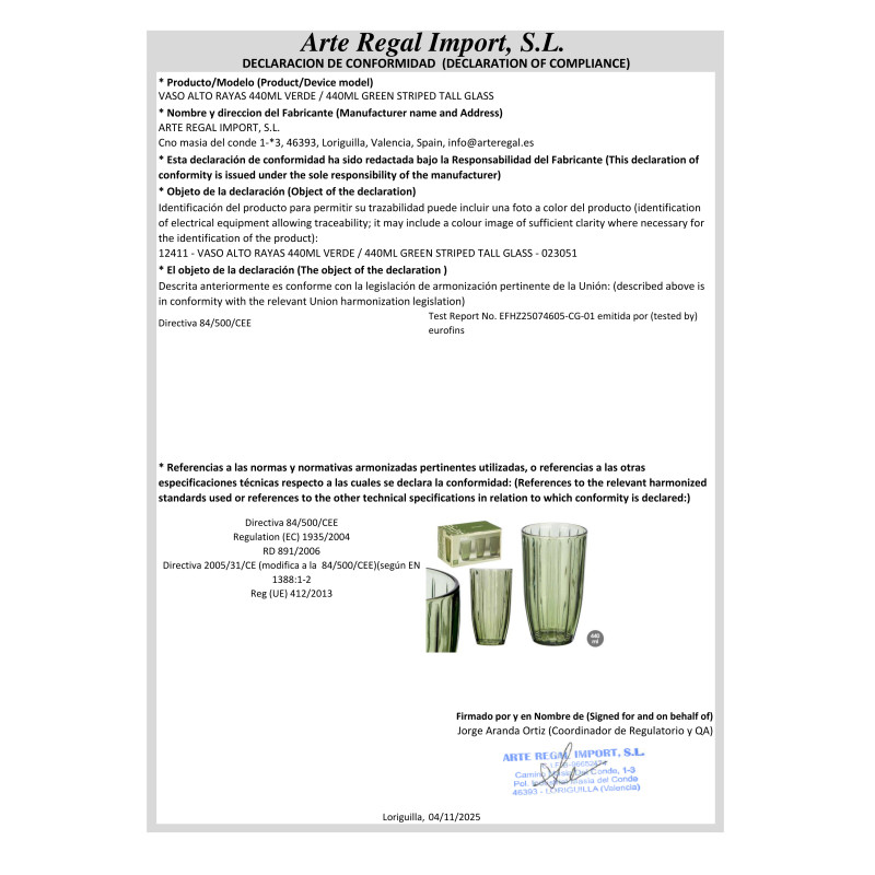 BICCHIERE ALTO RIGHE 440ML VERDE