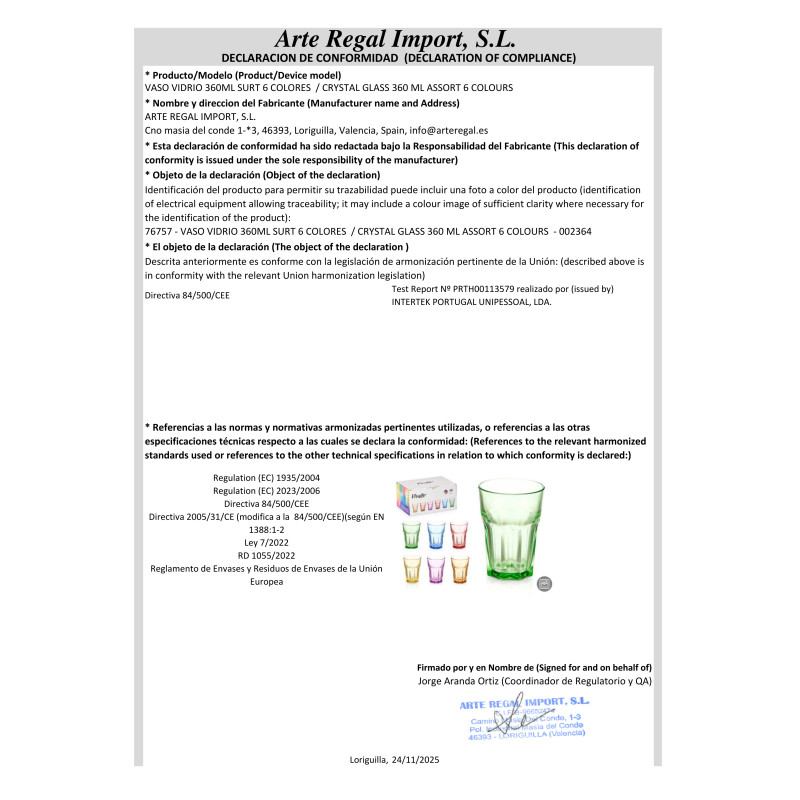 VASO VIDRIO 360ML SURT 6 COLORES 