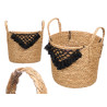 Large black macrame wicker planter with pom-pom