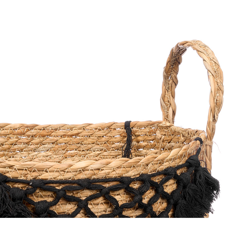 MACETERO MIMBRE MACRAME POMPON NEGRO GRANDE 