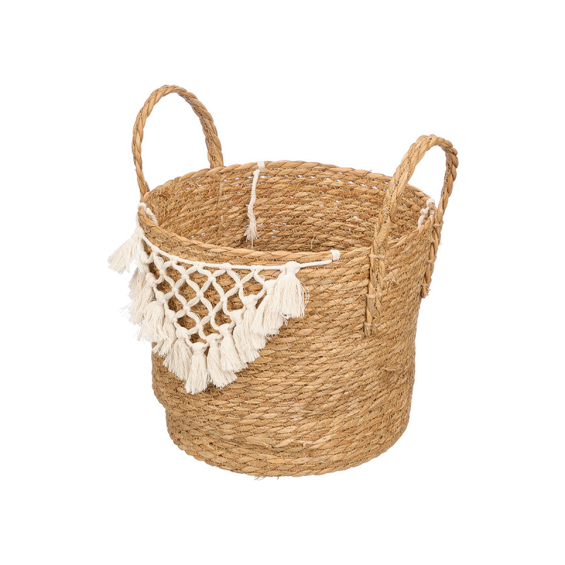 GRAND POT FLEURS EN OSIER MACRAMÉ POMPON BLANC