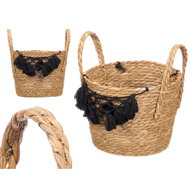 MACETERO MIMBRE MACRAME POMPON NEGRO PEQUEÑO