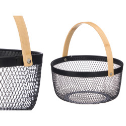 ROUND BLACK BASKET BAMBOO HANDLE
