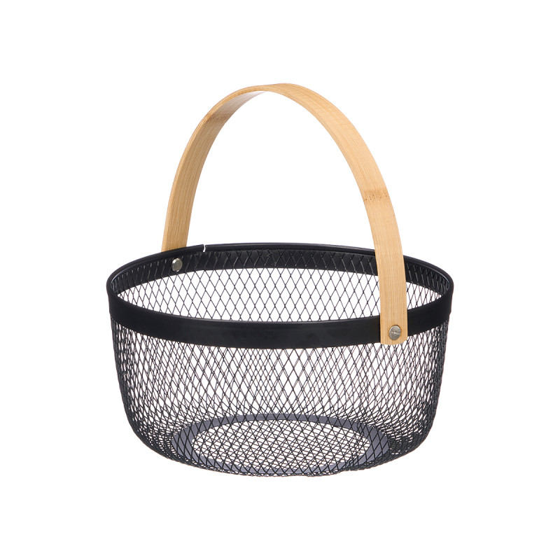 ROUND BLACK BASKET BAMBOO HANDLE