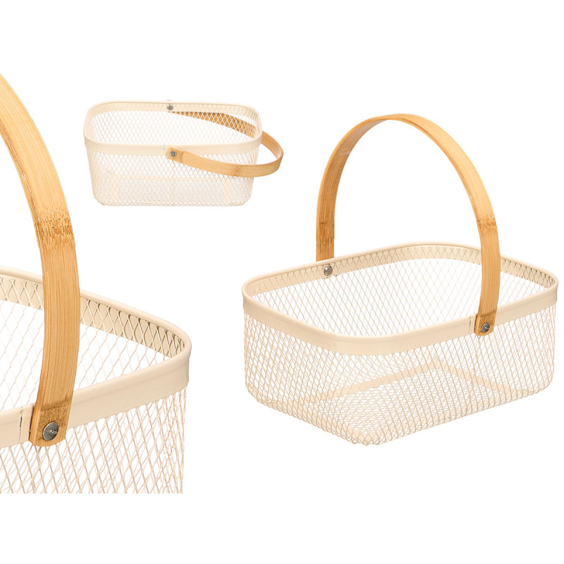 BEIGE RECTANGULAR BASKET BAMBOO HANDLE