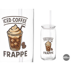 GLASS CUP WITH LID AND STRAW FOR COFEE 600ML