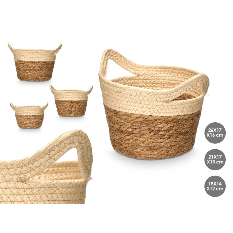 SET 3 CESTI ROTONDI MANICI 16CM ALTO NATURALE
