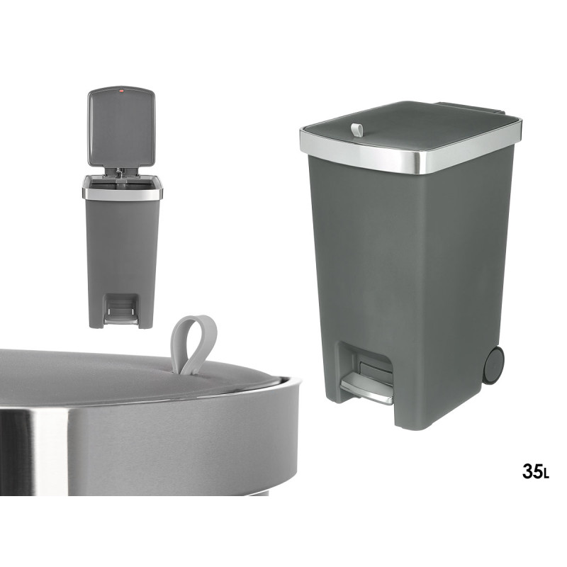 PAPELERA PEDAL RUEDAS GRIS 35L