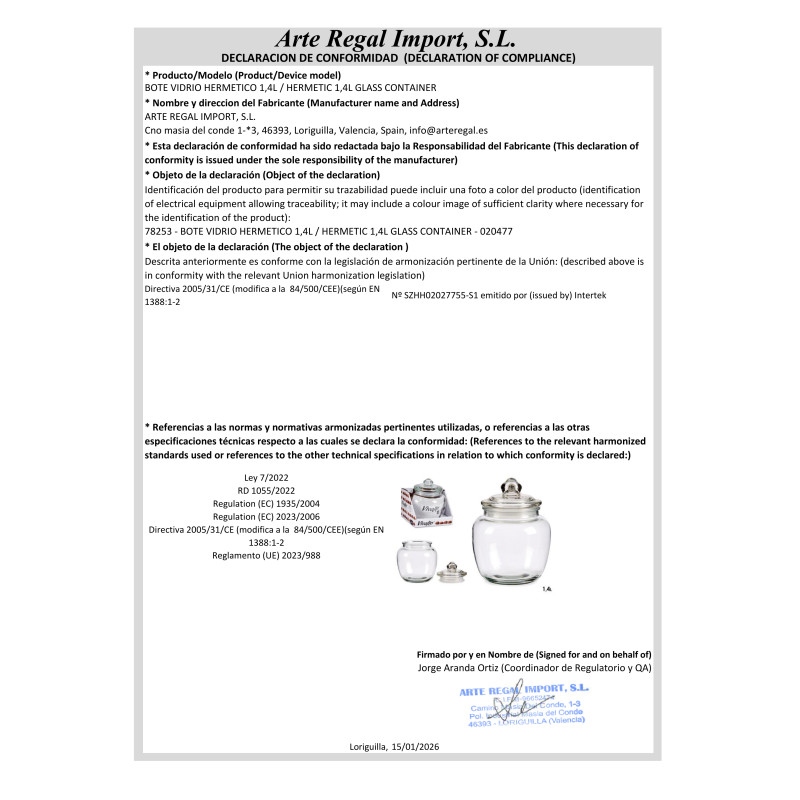 CONTENITORE IN VETRO CHIUSURA ERMETICA 1,4L