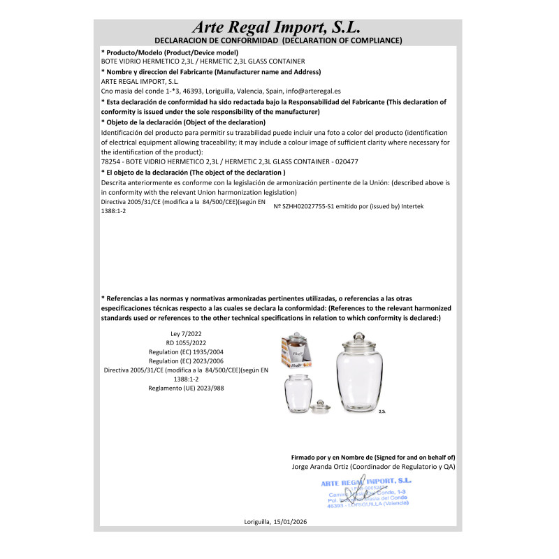 CONTENITORE IN VETRO CHIUSURA ERMETICA 2,3L