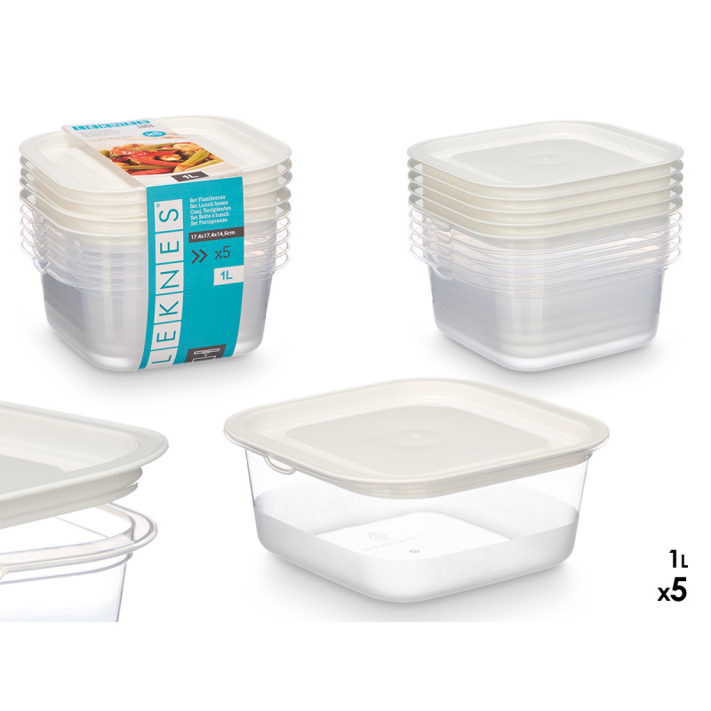 CONJ 5 RECIPIENTES PLASTICO QUADRAD 1000ML 