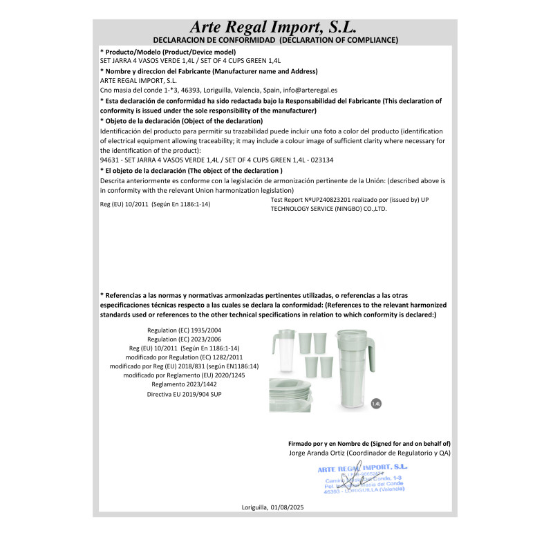 SET JARRA 4 VASOS VERDE 1,4L