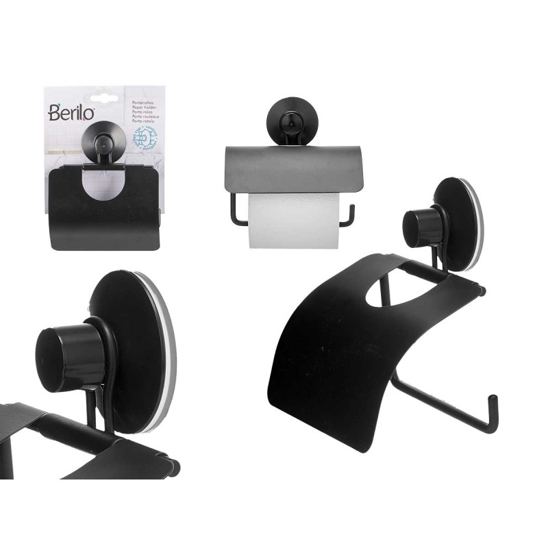 METAL ROLL HOLDER W LID MATT BLACK SUCTION PAD 