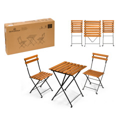SET 3 PCS TABLE 2 CHAISES BOIS FONCÉ PIEDS MÉTAL
