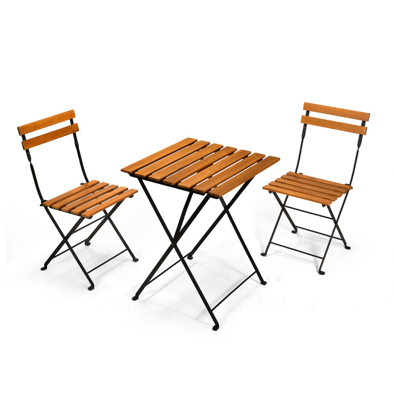 SET 3 PCS TABLE 2 CHAISES BOIS FONCÉ PIEDS MÉTAL