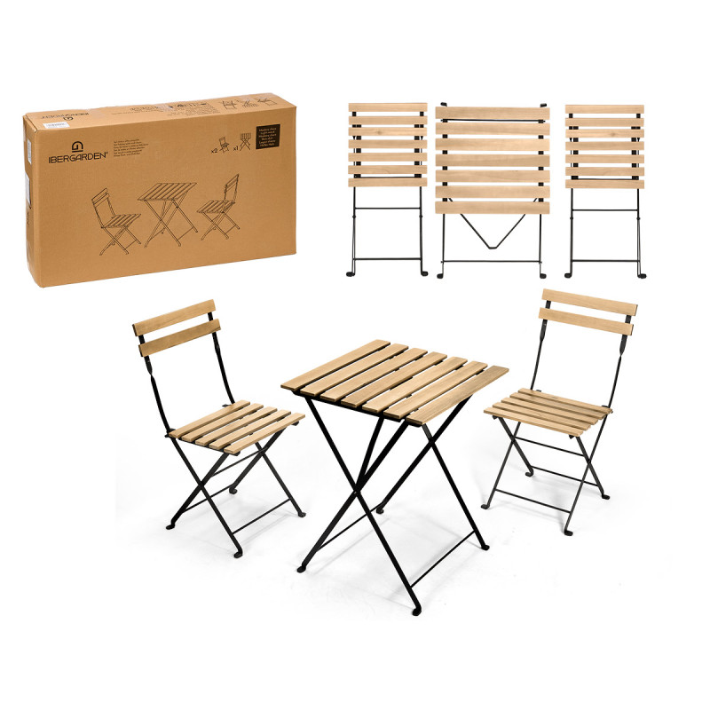 SET 3 PCS MESA 2 SILLAS MADERA CLARA PATAS METAL