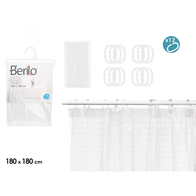 CORTINA BAÑO TRANSPARENTE CUADROS 180X180CM