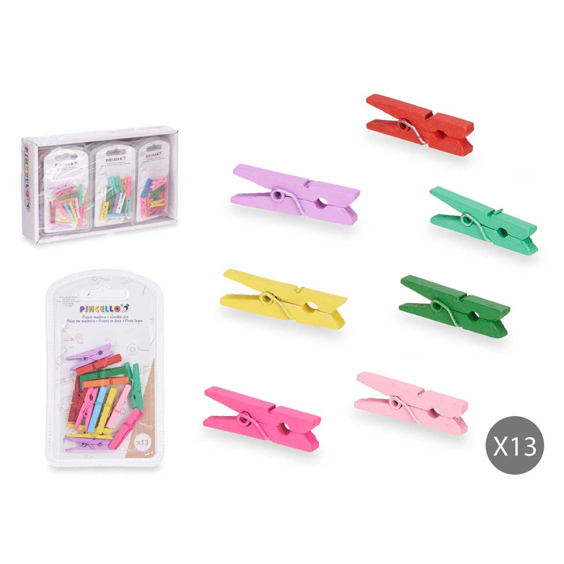 SET OF 13 MULTICOLOUR WOOD CLOTHES PINS SMALL
