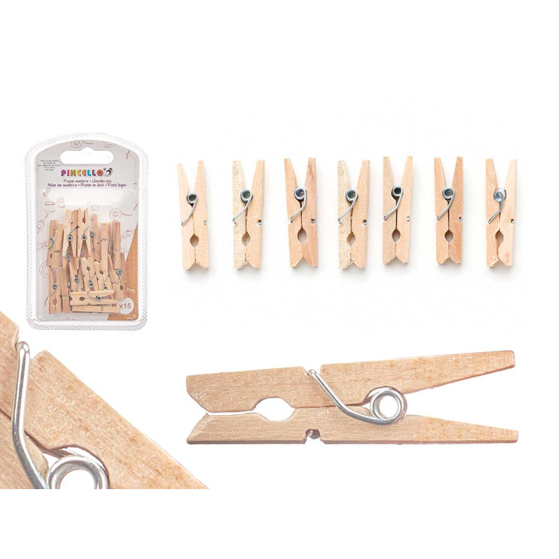 SET OF 15 NATURAL WOOD CLOTHES PINS SMALL