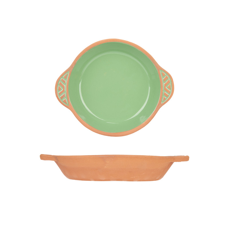 CASSEROLE TERRE CUITE ROND POIGNE 20CM VERT