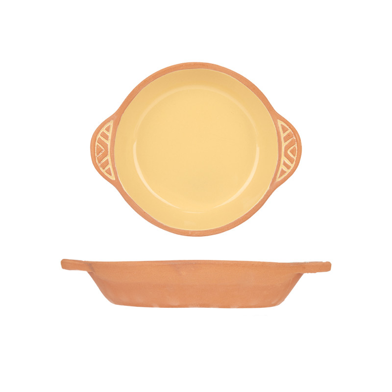EARTHENWARE ROUND CASSEROLE HANDLES  20CM YELLOW