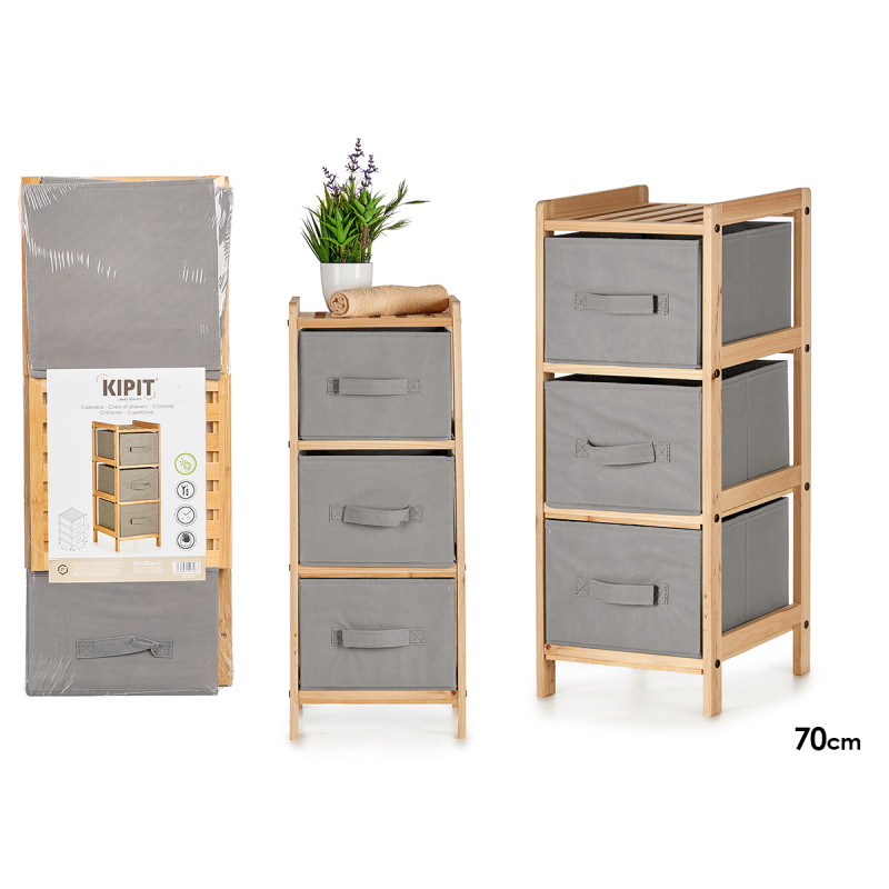 BAMBOO SHELF 3 GRAY DRAWERS 28,5X26X70CM
