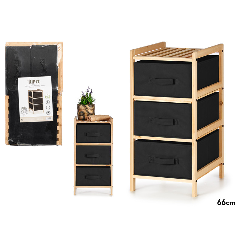 BAMBOO SHELF 3 BLACK DRAWERS 36X34X66CM