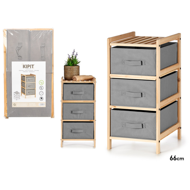 BAMBOO SHELF 3 GRAY DRAWERS 36X36X66CM