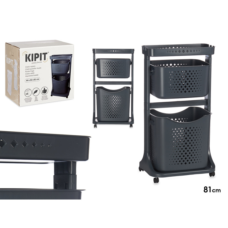CESTO ROUPA PLASTICO 2 ALTURAS RODAS ANTRACITE  