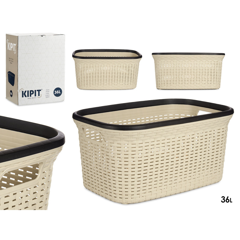 CREAM RATTAN PLASTIC LAUNDRY BASKET 36L
