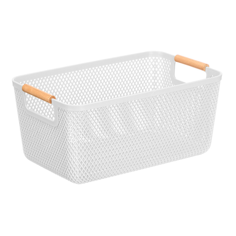 WHITE PLASTIC BASKET BAMBOO HANDLE 36X22CM