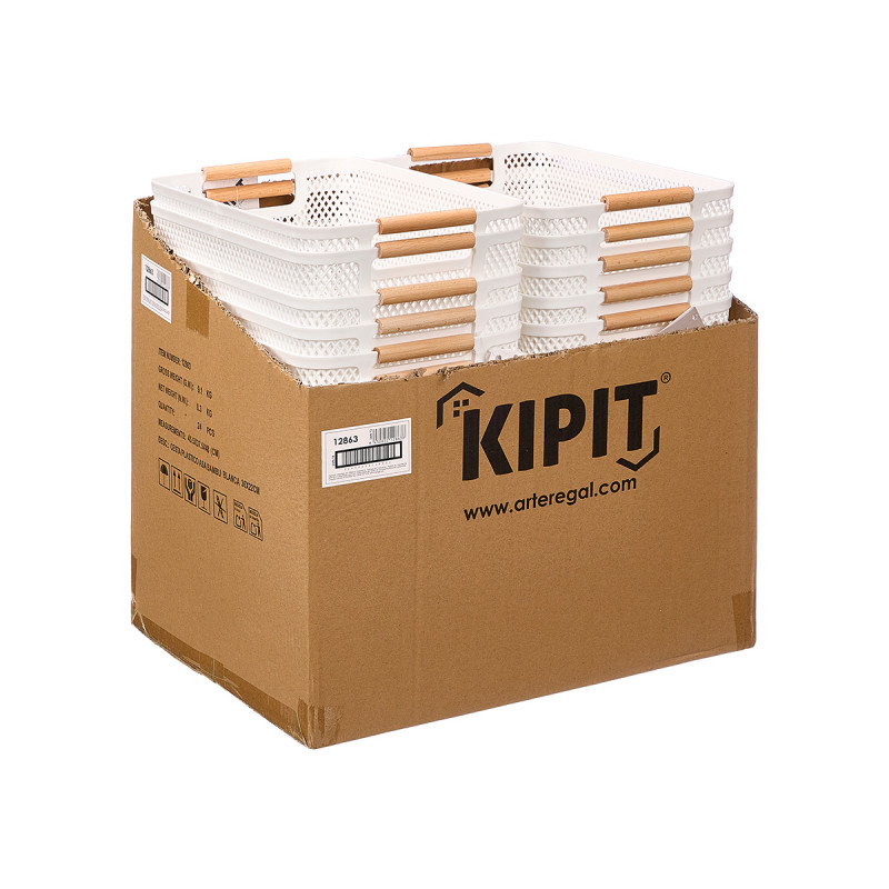 WHITE PLASTIC BASKET BAMBOO HANDLE 36X22CM