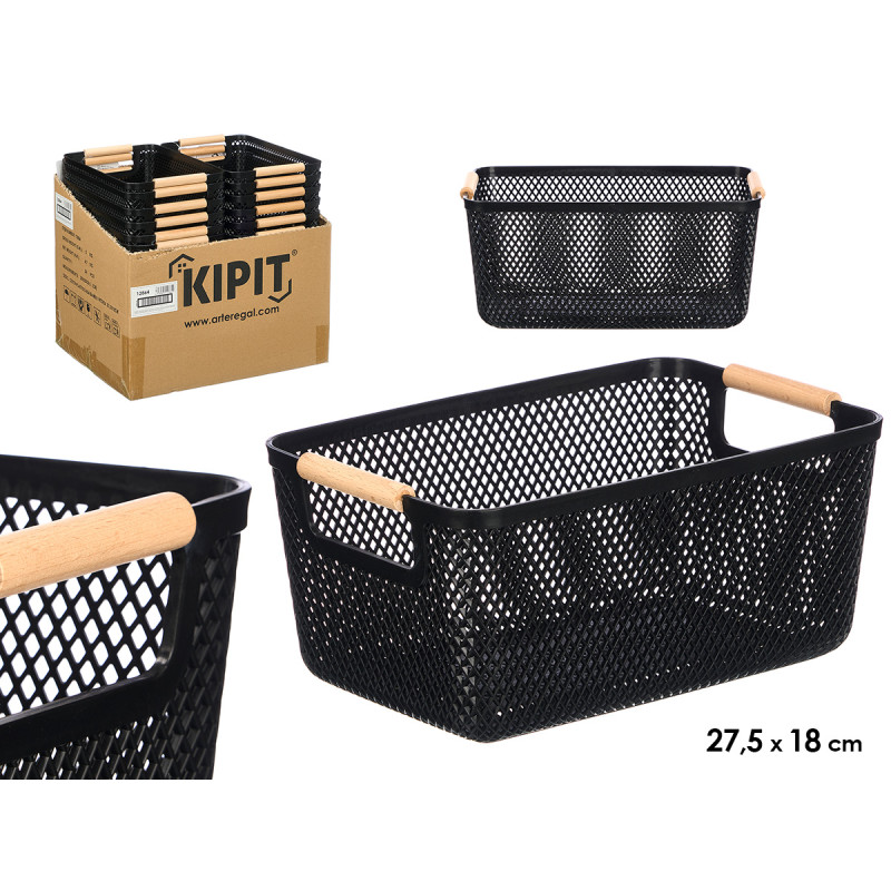 BLACK PLASTIC BASKET BAMBOO HANDLE 27,5X18CM