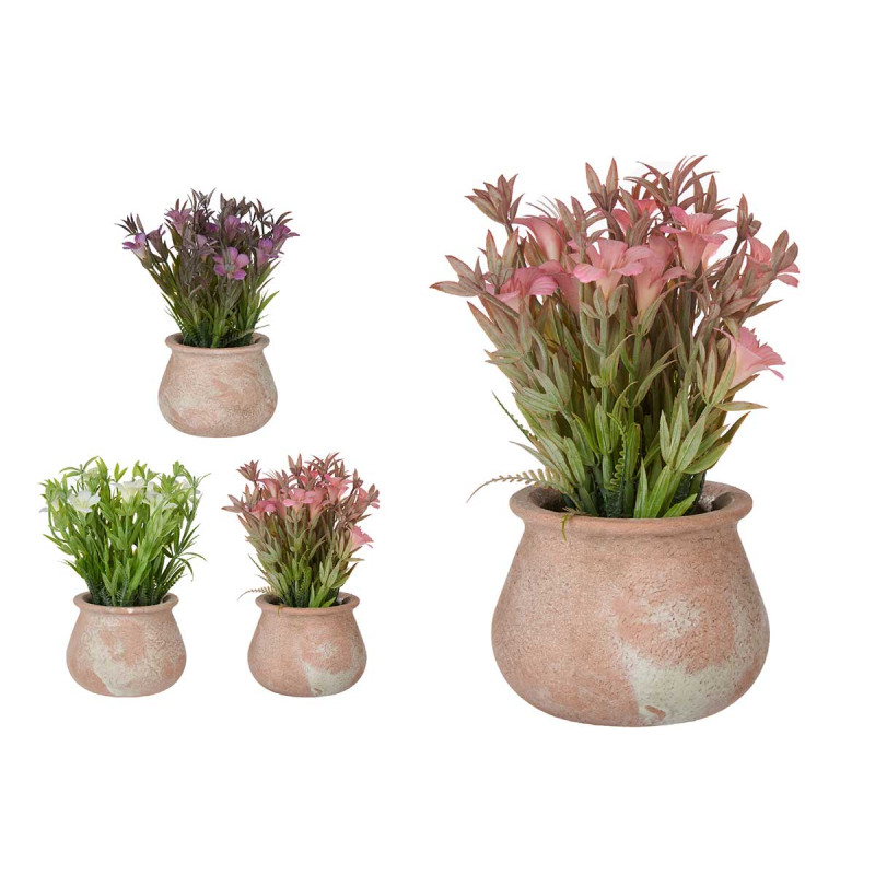 TERRACOTTA POT WITH FLOWERS LOW ASSORT 3 COLORS