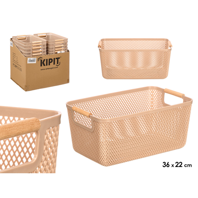 CESTINO PLASTICA BEIGE MANICO BAMBU 36X22CM