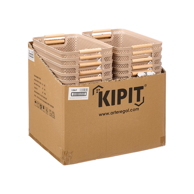 CESTINO PLASTICA BEIGE MANICO BAMBU 36X22CM