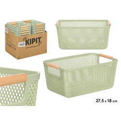 GREEN PLASTIC BASKET BAMBOO HANDLE 27,5X18CM