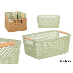 PANIER PLASTIQUE VERT ANSE BAMBOU 36X22CM